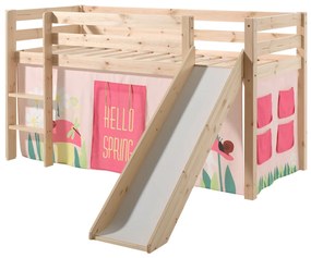 Conjunto Cama alta de Criança PINO 90 x 200 cm + estrado + escada + escorrega + cortina Primavera Natural