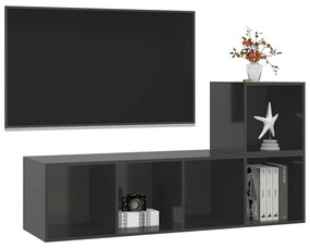 2 pcs conjunto de móveis de TV contraplacado cinzento brilhante