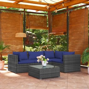 5 pcs conjunto lounge de jardim c/ almofadões vime PE cinza
