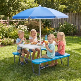 Mesa de Piquenique Infantil com 2 Bancos Integrados, 102 x 100 x 150 cm, Guarda-sol Removível e Ajustável, Azul