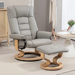 Poltrona de relaxamento reclinável com apoio para os pés, giratória, estrutura em madeira, estofo sintético cinzento