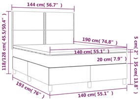 Cama box spring c/ colchão e LED 140x190 cm tecido cinza-claro