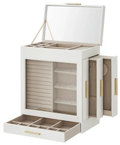 Caixa de joias SONGMICS com janela de vidro, organizador de joias de 5 camadas com 3 gavetas laterais, armazenamento de joias, com espaço de armazenamento vertical, espelho grande, estilo moderno, branco nuvem e dourado JBC162W01