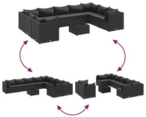 10 pcs conjunto sofás de jardim c/ almofadões vime PE preto