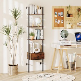 Estante em forma escada de 5 níveis com gaveta de parede alta de 177,5 cm com estrutura metálica Castanho