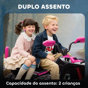 Moto 4 Elétrica para Crianças 24V com 2 Lugares 2 Motores Velocidade até 6,5 km/h Faróis Buzina Música e USB 109x68,5x76 cm Rosa