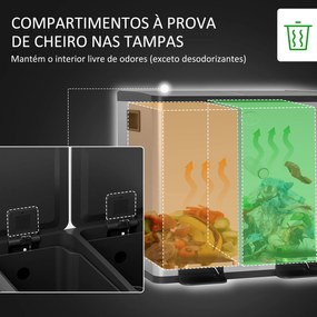 Balde de Lixo de Cozinha com 2 Compartimentos 2x15L Fechamento Suave e Rolo de 30 Bolsas de Lixo 41,7x36,6x43,2 cm Prata