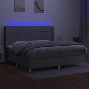 Cama box spring c/ colchão e LED 200x200 cm tecido cinza-claro