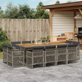 vidaXL 13 pcs conjunto jantar p/ jardim c/ almofadões vime PE cinzento