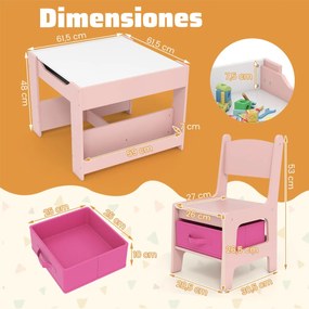 Conjunto de mesa e cadeiras infantis de atividades 4 em 1 para crianças com superfície reversível Prateleiras para livros e caixas Rosa