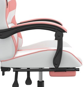 Cadeira gaming giratória c/ apoio pés couro artif. branco/rosa