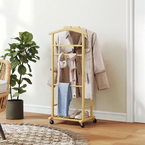 Cabide de Pé de Bambu Cabide com Rodas Suportes para Roupas Barras para Calças Bandeja e Sapateira  47x33,7x105,5 cm Madeira