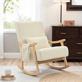 Cadeira Baloiço Moderna em Veludo Cotelê com Apoio para os Braços Almofada Lombar e Bolso Poltrona de Amamentação 65x90x98 cm Bege