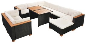 10 pcs conjunto lounge de jardim c/ almofadões vime PE preto