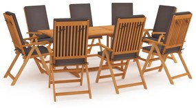 vidaXL 9 pcs conjunto jantar jardim + almofadões cinzentos teca maciça