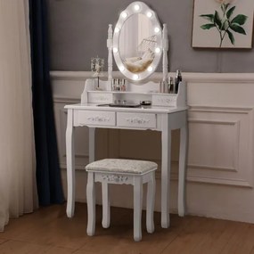 Conjunto de Toucador com Espelho Oval e 10 Lâmpadas LED Pernas em Madeira de Pinho e Almofadas Antiderrapantes Branco 75 x 40 x 146 cm Branco
