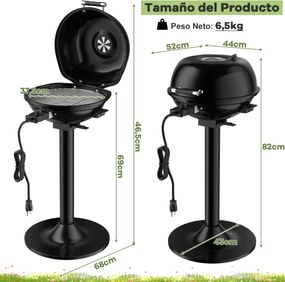 Grelhador elétrico para churrasco portátil com grelha antiaderente removível 52 x 44 x 82 cm Temperatura ajustável 1600W Grelha interior preta