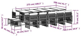 15 pcs conj. jantar jardim c/ almofadões vime PE cinzento-claro