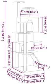 Árvore p/ gatos c/ postes arranhadores sisal 153 cm cinza-claro