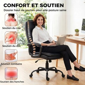 Cadeira de escritório ergonómica, cadeira de escritório em PU, altura ajustável, função de balanço, giratória a 360°, preta