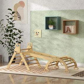 Triângulo de escalada 185 C x 66 L x 71 A cm infantil 5 em 1 com rampa de escalada reversível e balancé madeira natural