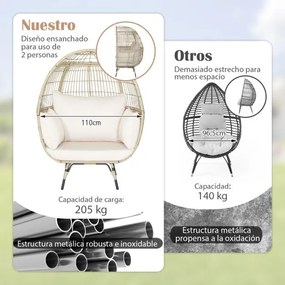 Cadeira Ovo de vime para jardim com capacidade para 205 kg e 4 almofadas Estrutura metálica robusta 110 x 82 x 145 cm Castanho claro