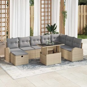vidaXL Conjunto de Sofá de Jardim de 9 Peças com Almofadas Bege Rattan Poli