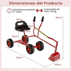 Conjunto de escavadora com assento giratório de 360 graus, 2 braços e 4 rodas antiderrapantes para crianças 122 x 40 x 66 cm, vermelho