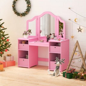 Toucador Princesa para crianças com 4 prateleiras grandes e espelho de plástico com 3 painéis Carga 100 kg 107 x 40 x 117 cm Rosa
