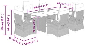 7 pcs conj. jantar p/ jardim c/ almofadões vime PE cinza-claro