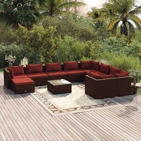 vidaXL 11 pcs conjunto lounge jardim c/ almofadões vime PE castanho