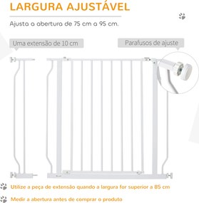 Barreira de Segurança para Cães Extensível para Escadas e Portas 75-95cm com  Extensão de 10 cm Altura 76 cm Branco