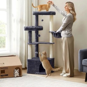 Arranhador para gatos 48,5 x 48,5 x 140,7 cm com uma grande caverna e várias áreas para brincar e descansar cinzento escuro