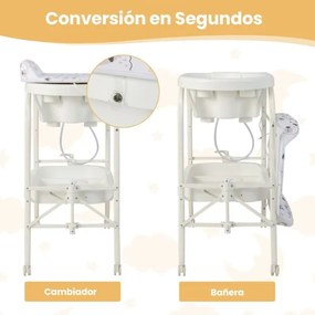 Troca-fraldas com banheira, portátil e dobrável, almofada em PVC, bandeja de armazenamento com 4 rodas universais, branco