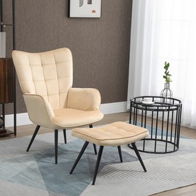 HOMCOM Poltrona Individual com Otomana Estofada em Veludo Poltrona de Sala de Estar com Encosto Alto Apoio para os Braços para Dormitório Escritório Carga Máxima 150kg 72x80x99cm Bege