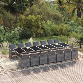 vidaXL 15 pcs conjunto jantar p/ jardim c/ almofadões vime PE cinzento