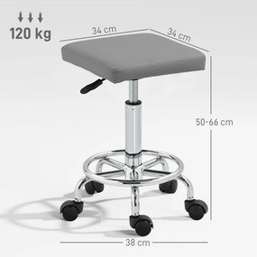 Banco Giratório com Rodas Altura Regulável 50-66 cm Assento Estofado em Imitação de Couro  34x34x50-66 cm Cinzento