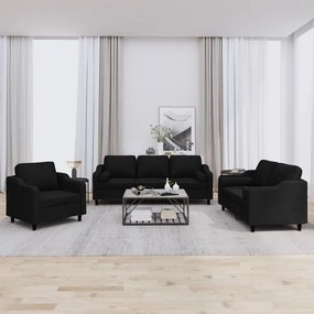 3 pcs conjunto de sofás com almofadas tecido preto