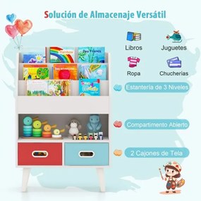 Estante de livros para crianças com prateleiras de 3 níveis e 2 gavetas dobráveis Organizador de brinquedos Branca