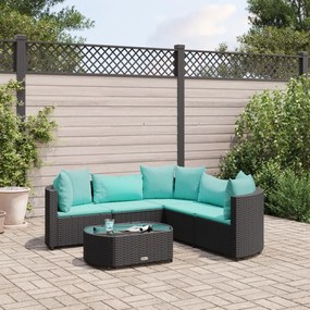 6 pcs conjunto sofás de jardim c/ almofadões vime PE preto