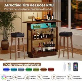 Mesa de bar com luz LED RGB e controlo por aplicação 120 x 55 x 110 cm em rattan com 3 suportes para copos e prateleiras Castanho