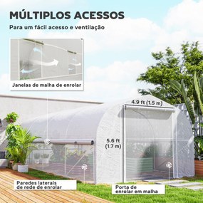 Estufa tipo Túnel 6x3x2 m com 8 Janelas Cobertura de PE Anti UV e Porta Enrolável e Paredes Laterais Branco