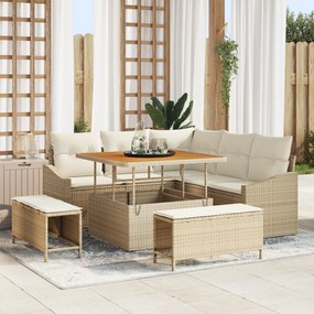 Conjunto de Sofá de Jardim com 8 Peças e Almofadas Bege Rattan de Poli Acácia
