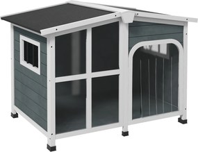 PawHut Casa para Cães de Madeira com Teto Abatível Porta com Cortina e Fundo Amovível 101x66,5x70,5cm Cinza Escuro | Aosom Portugal