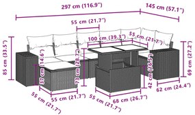 8 pcs conjunto sofás de jardim com almofadões vime PE preto
