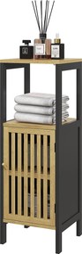 Móvel baixo de casa de banho 32 x 30 x 90,5 cm em bambu com armário de 1 porta e compartimento aberto, preto e cor madeira