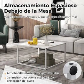 Mesa de centro quadrada moderna com estrutura de aço com tampo de mármore de imitação para sala de estar 70 x 70 x 40 cm Branca