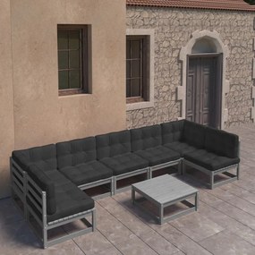 8 pcs conjunto lounge de jardim + almofadões pinho maciço cinza