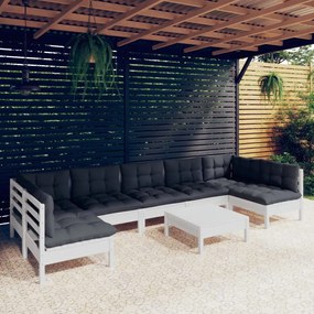 vidaXL 8 pcs conj. lounge de jardim c/ almofadões pinho maciço branco
