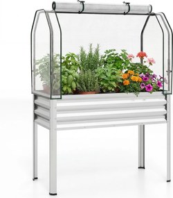 Floreira elevada com estufa 112 x 55 x 152 cm, canteiro de jardim em metal galvanizado com cobertura de proteção e porta enrolável para pátio, terraço